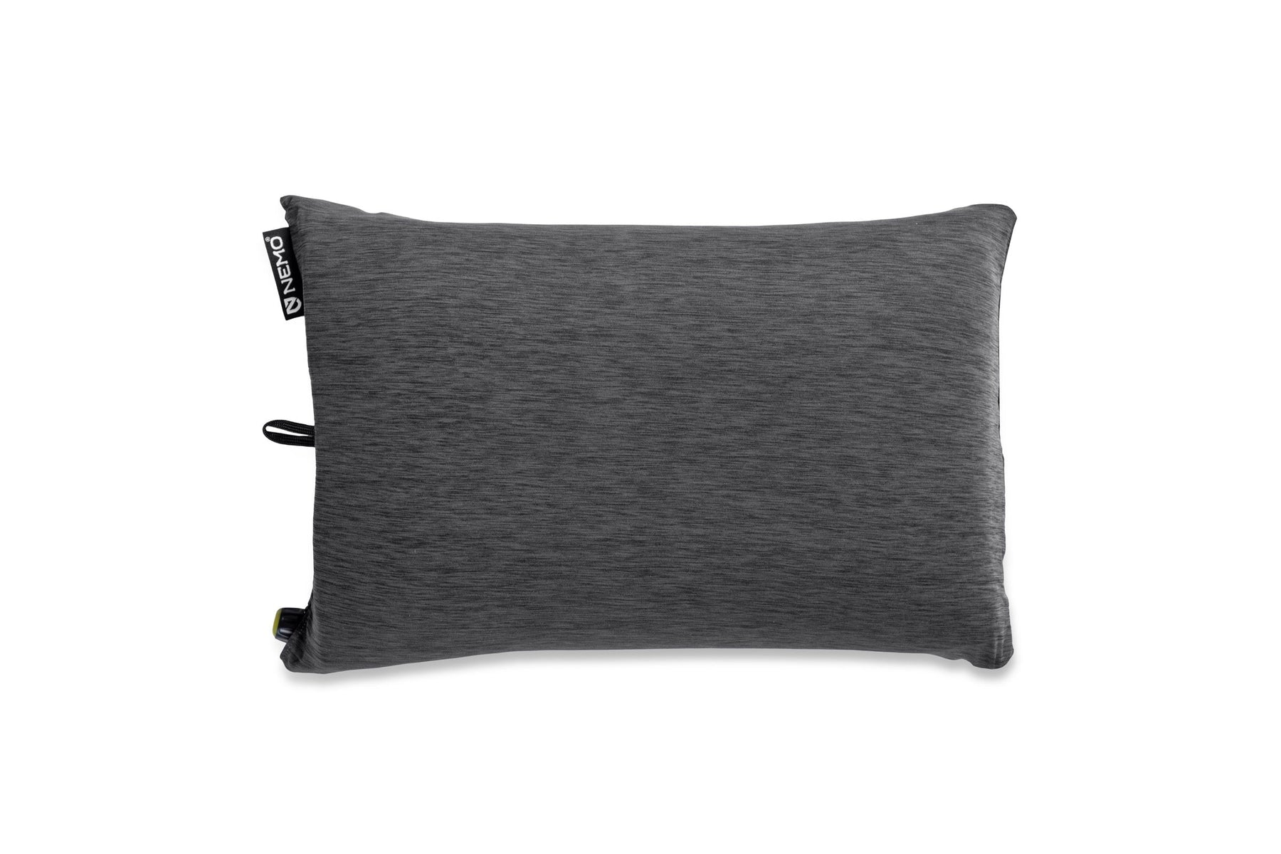 The NEMO Equipment Fillo™ Backpacking & Camping Pillow is a rectangular, dark gray ergonomic travel pillow with a heathered fabric texture, a small black and white tag, and a fabric loop on the left side.